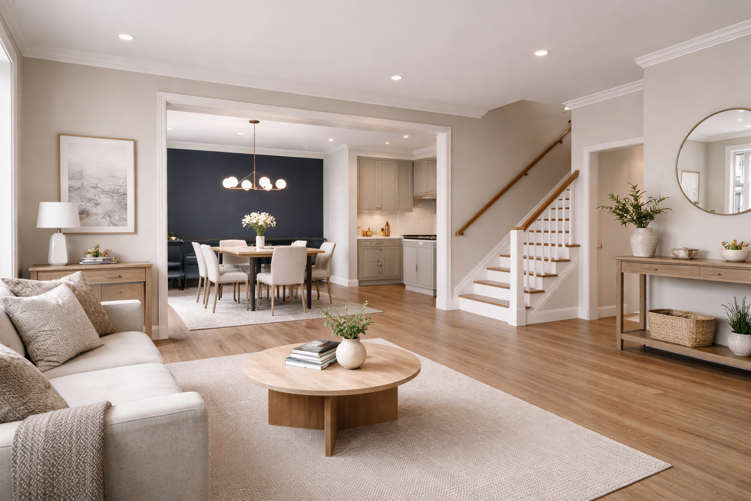 Modern living and dining space with neutral walls and navy accent wall — interior painting by Ridgeline