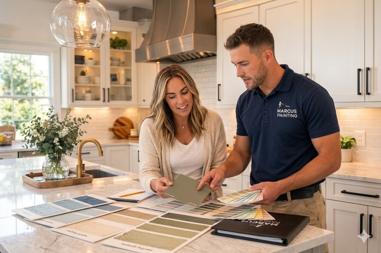 Ridgeline consultant and client reviewing paint color swatches in a kitchen